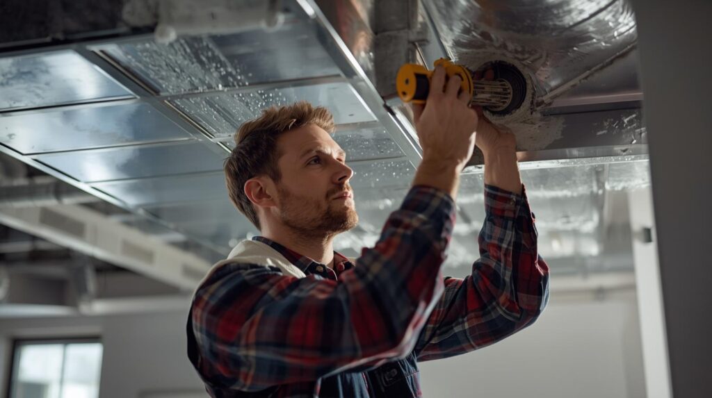 genere une image claire avec la lumiere electrique en journee et humaine de qualite montrant un artisan chauffagiste en train de faire un nettoyage de conduits.jpg