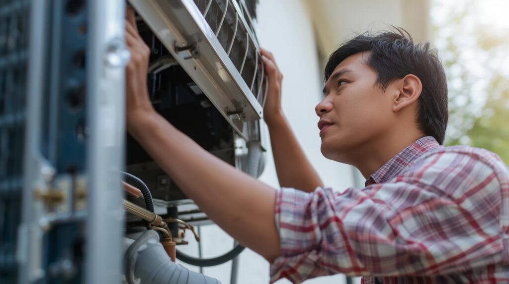genere une image tres claire en journee et sans aucun ombre montrant un artisan chauffagiste en train de faire une reparation de climatisation 1.jpg