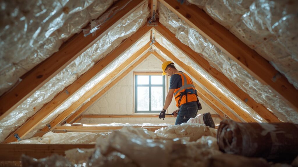 genere une image tres claire sans aucun ombre de qualite montrant un artisan chauffagiste en train de faire une isolation des combles.jpg