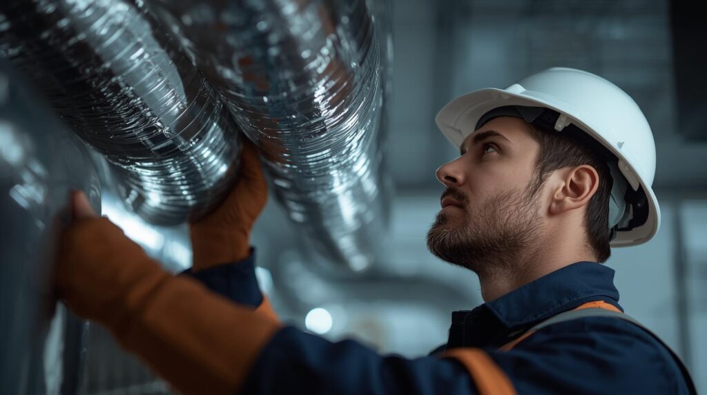 genere une image tres claire sans aucun ombre en journee et humaine de qualite montrant un artisan chauffagiste en train de faire un revetement de conduits 1.jpg